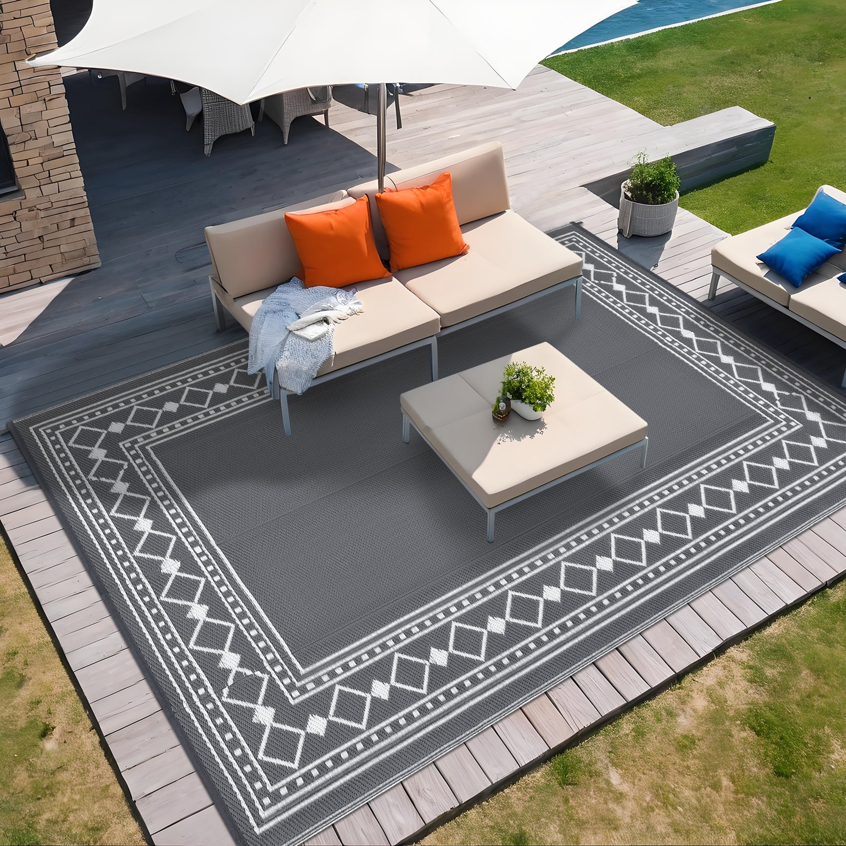 HOMERRY Geometric Border Outdoor Rug Straw Plastic Area Rug for Balcony Pool RV Waterproof Reversible Carpet, White/Gray, 9'x 18'