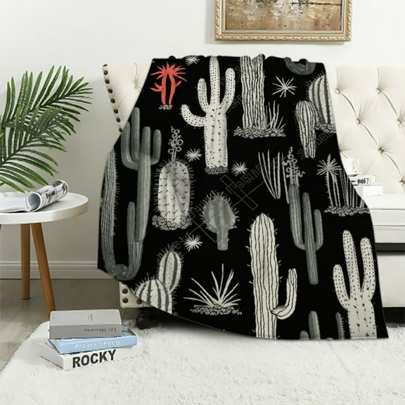 ONETECH  Western Cactus Throw Blanket Black and White Seamless Repeat Fun Western Cactus Decorative Soft Warm Cozy Flannel Plush Throws Blankets for Baby Toddler Dog Cat