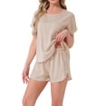 thumbnail image 4 of INSPIRAR CHIC Conjunto de Pijama de Satén de Seda para Mujeres, Top de Cuello Redondo de Manga Corta con Bolsillo Frontal y Pantalones Cortos con Cuerda para Dormir L Beige, 4 of 5