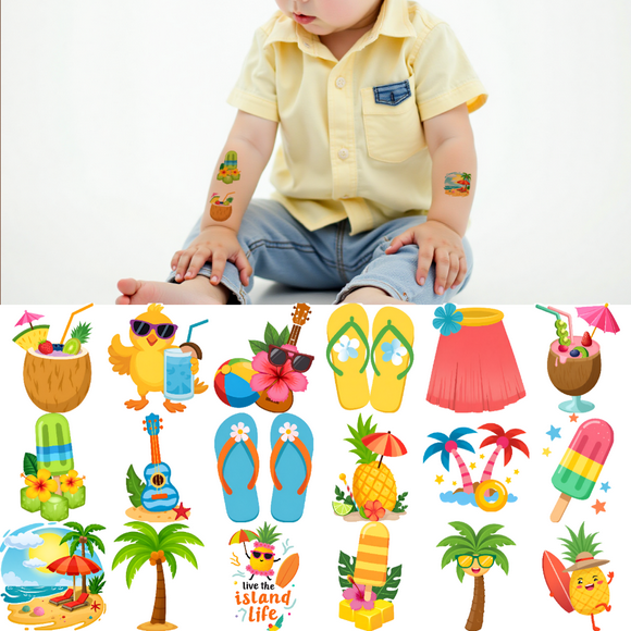 54 Temporary Tattoo Stickers, Waterproof Long-lasting Body Stickers Hawaiian Beach Coconut Tree Ice Cream Swim Ring Kids Boys Girls Tattoo Stickers Arm Arms Shoulder Cheeks