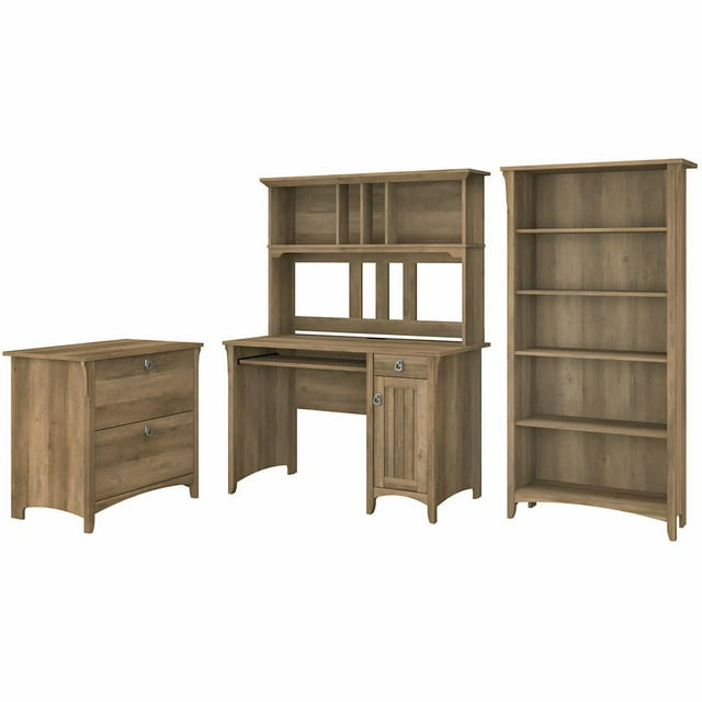Bush Furniture Desk with Hutch, Lateral File Cabinet and 5 Shelf Bookcase Reclaimed Pine