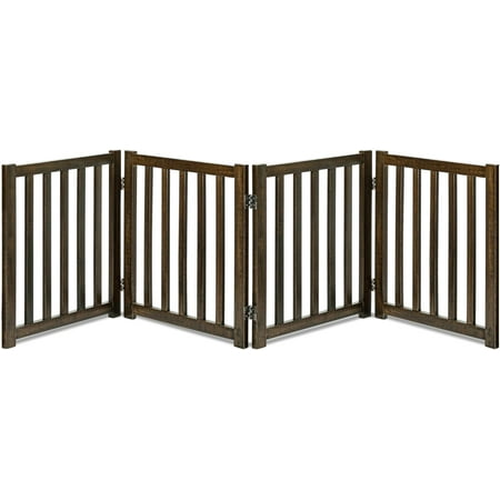 4-Panel Wooden Free Standing Foldable Dog Gate – 24" High, Extra Wide Step-Over Safety Pet Gate for Doorways, Stairs, Hallways, Large Spaces & Playpen for Puppies Indoor Use, Walnut