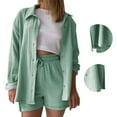 thumbnail image 5 of Aofany Women's Plus Size 2 Piece Outfits Long Sleeve Shirts and Drawstring Shorts Set Solid Color Casual Set, 5 of 5