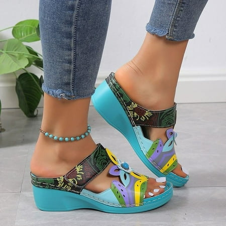 

Wavsuf Wedge Sandals for Women Casual Summer Patchwork Wide Blue Slippers Size 4.5