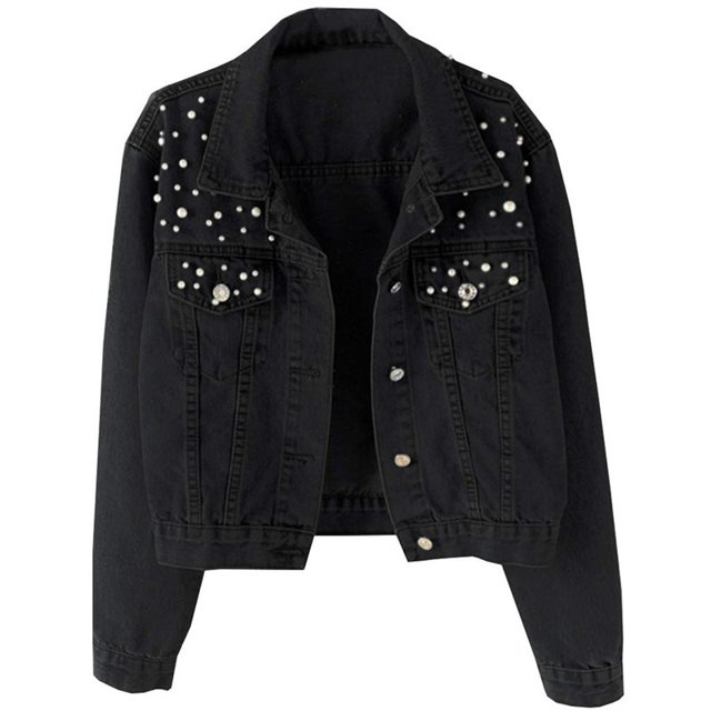Chaqueta Vaquera Extragrande para Mujer con Perlas Bordadas y Abalorios Negro M