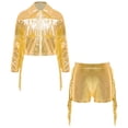 thumbnail image 4 of Doomiva Kids Girls Long Sleeve Shiny Fringe Crop Jacket Top and Metallic Tassel Shorts Sparkly Dance Streetwear Gold 14, 4 of 6
