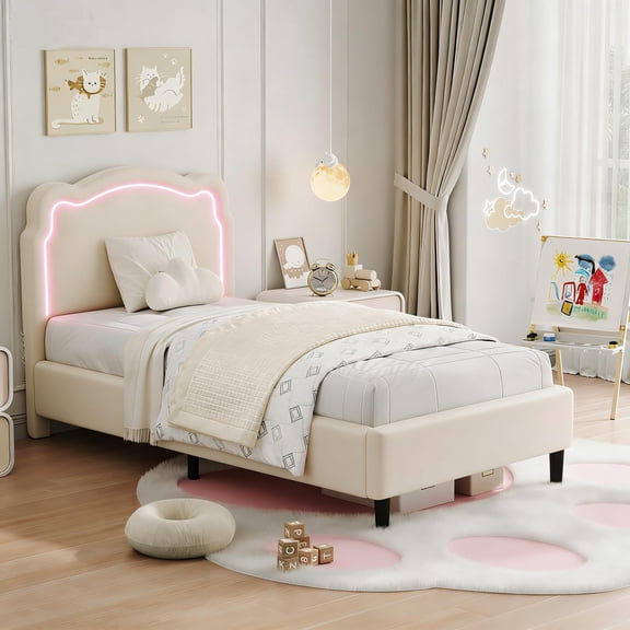 PYY Twin Upholstered Smart LED Bed Frame with Headboard and LED, Velvet Princess Platform Bed Frame for Home Office, Wooden Slats Support, No Box Spring Needed (Ivory, Twin)