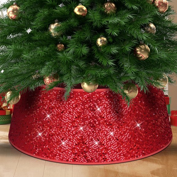 Yexmas Sequin Christmas Tree Collar,Tree Bottom Base,Foldable Bottom Decoration for Christmas Holiday,Red