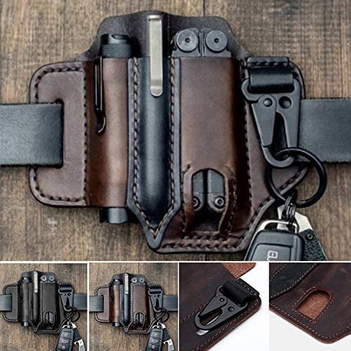EDC Leather Sheath 3 Pockets Organizer Pouches Holsters for Tool/Knives/Flashlights/Tactical Pens/Most Leatherman MultiTools Brown