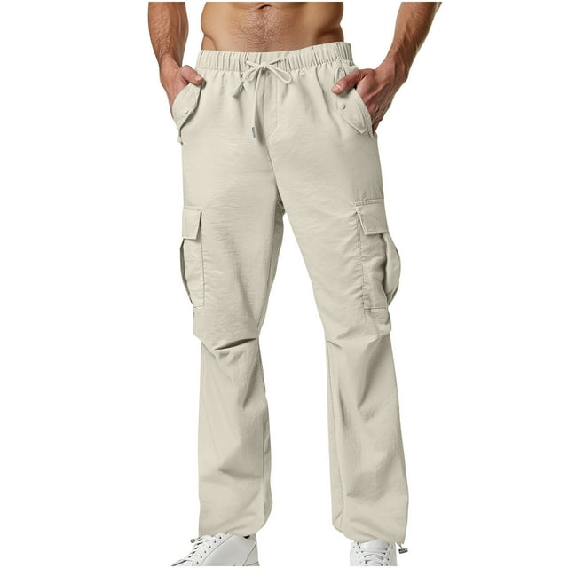 Men's Cargo Pants Elastic Waist Drawstring Solid Color Work Pants Outdoor Hiking Multi Pockets Tactical Pants Beige XXL