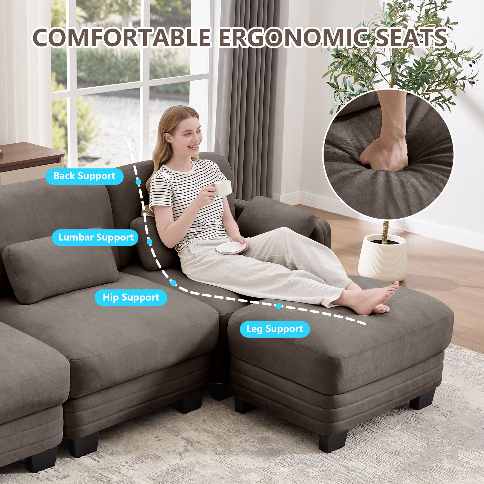100" Modern Modular 3 Seater Sofa Couch with 5 Pillows
