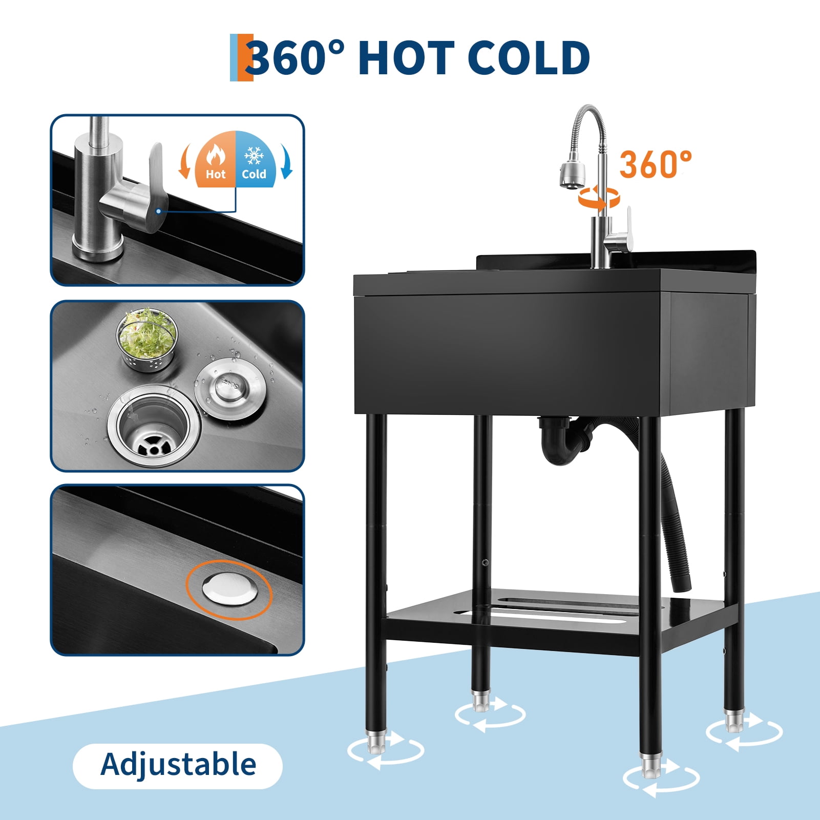 Amkui Stainless Utility Sink, Freestanding Outdoor Sink with Adjustable Legs, Storage Shelf,S-Hooks & Hot Cold Water Pipes, Kitchen Single Stainless Sinks for Laundry, Garage