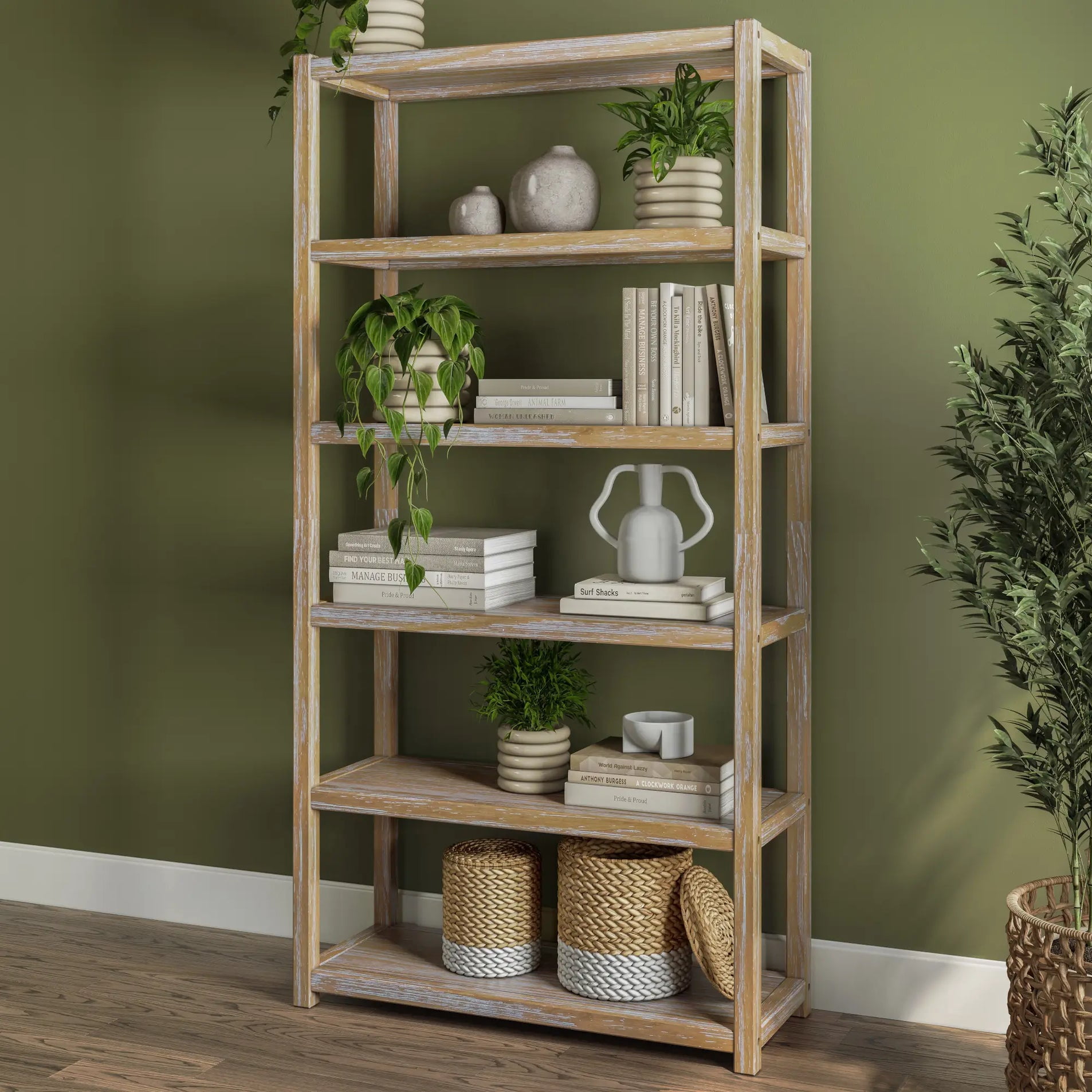 Greenport 72" Bookcase, Solid Wood with a Brushed Driftwood Finish