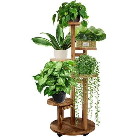 5 Tiered Tall Plant Stand for Indoor, Wood Plant Shelf Corner Display Rack, Multi-tier Planter Pot Holder Flower Stand for Living Room Balcony Garden Patio (Walnut)