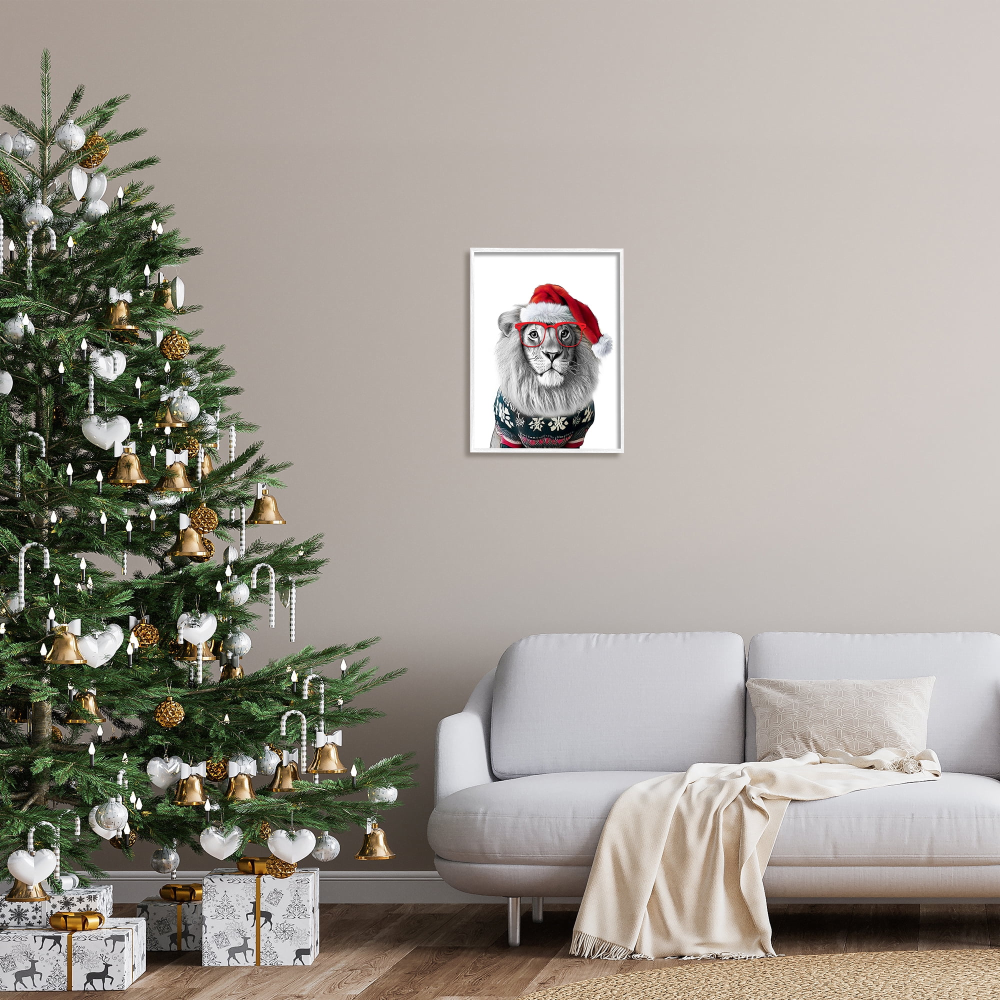 Stupell Industries Lion in Christmas Sweater Holiday Painting White Framed Art Print Wall Art, 16 x 20