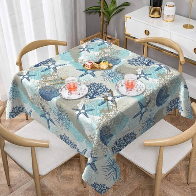 Nautical Coastal Tablecloth Square 54 Inch Summer Beach Starfish Coral Seashell Table Cloths Table Cover Waterproof and Wipeable Polyester Tabletop for Dining Kitchen Picnic Party Decor