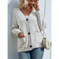 thumbnail image 5 of Women'S Long Sleeve V-Neck Contrast Color Button Knitted Sweater Fall Winter Pocket Cardigan Jacket Cream White S, 5 of 9