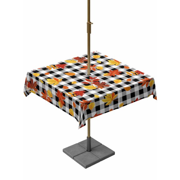 Outdoor Tablecloth with Umbrella Hole and Zipper, Fall Maple Leaves Square Table Cloth 54x54 Inch Waterproof Tablecloth, Thanksgiving Botanical Black Plaid Picnic Table Cover for Patio Camping