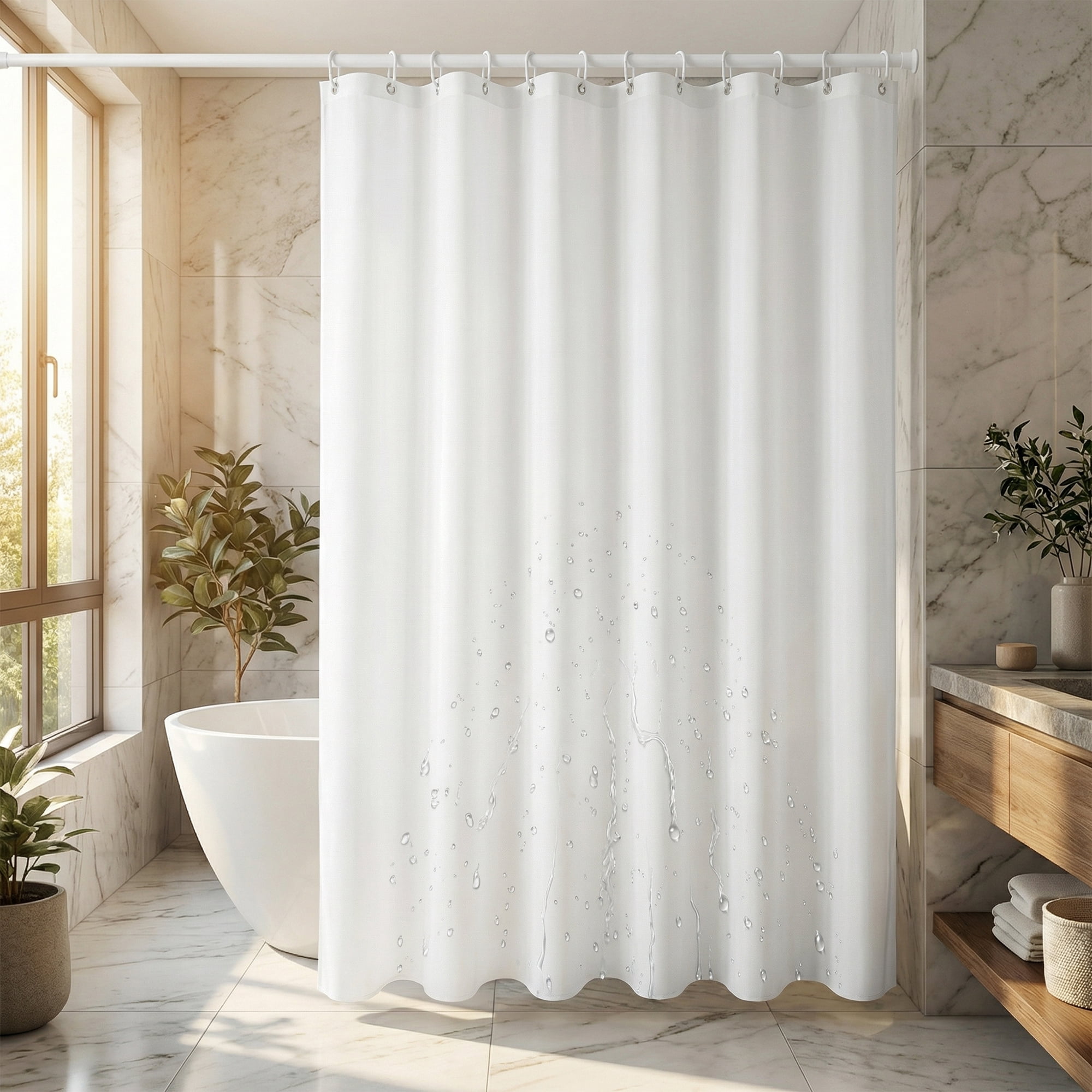 Unique Bargains Waterproof Shower Curtain Sets with 12 Plastic Hooks White 71"W x 71"L