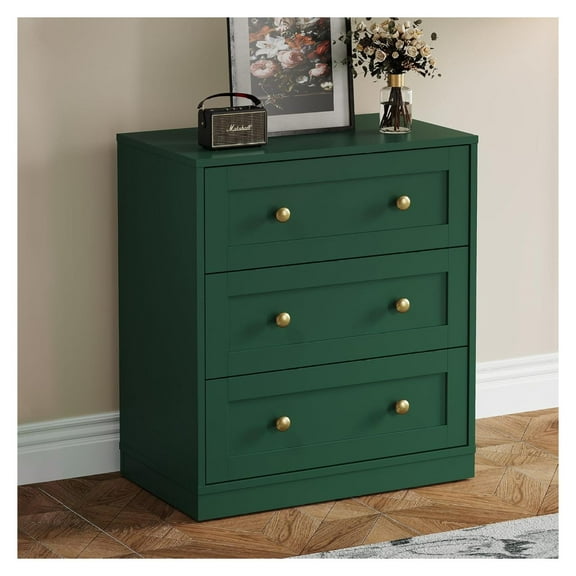 3 Drawer Nightstand, Large Bedside Table with Golden Round Knobs, Modern Wood End Table, Accent Side Table Chest of Drawers for Bedroom, Living Room, Hallway, Closet, Green 1