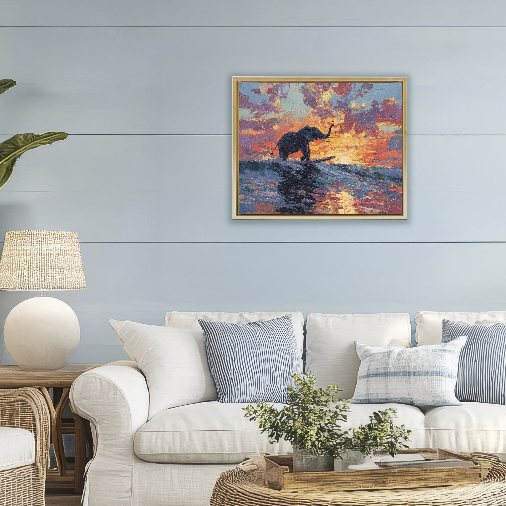 Sunset Surf Elephant Gold Framed Floater Canvas Wall Art, design by Ziwei Li