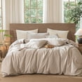 thumbnail image 2 of MooMee Wavy Striped Duvet Cover Set Queen 100% Washed Cotton Linen Like Textured Breathable 3-Piece (Beige, 90"x90"), 2 of 7