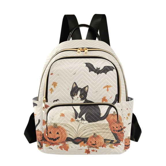 FORMRS Mini Backpack Purse for Women Travel Daypack Casual Shoulder Bag, Gray Cartoon Halloween Cat