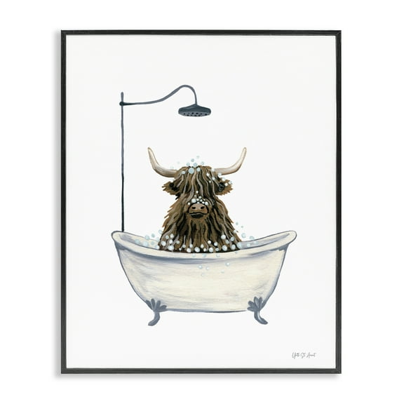 Stupell Industries Highland Cow Bathtub Typography Painting Black Framed Art Print Wall Art, 11 x 14