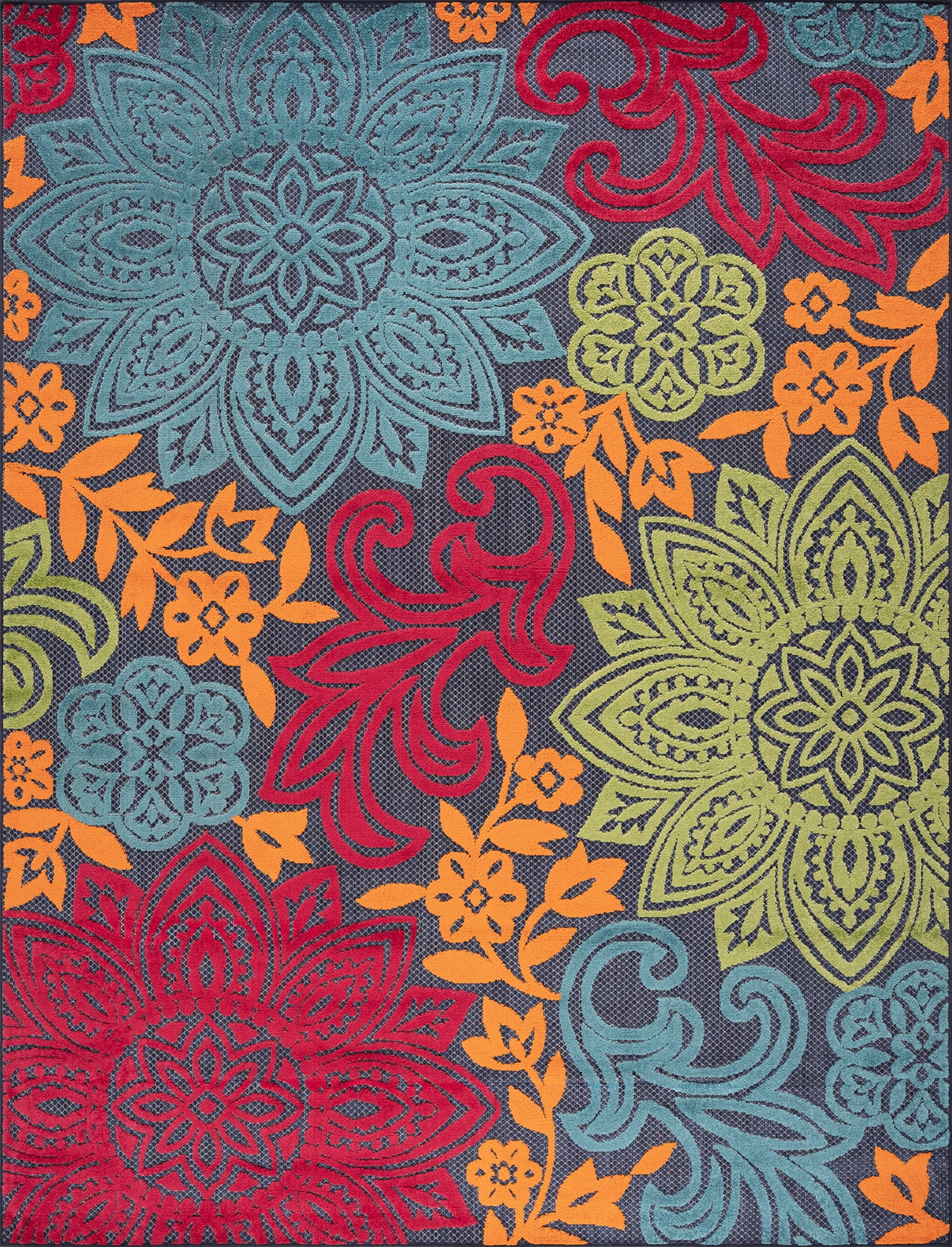 Oasis Modern Floral Navy and Aqua Polypropylene Indoor Outdoor Area Rug, 5'x7' Rectangle