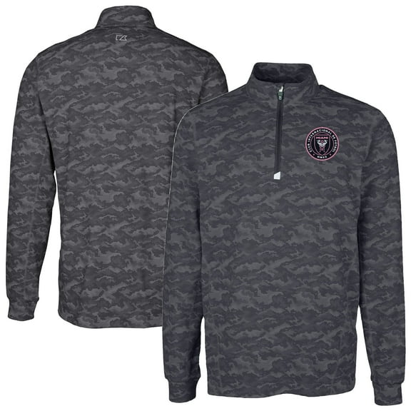 Men's-Cutter & Buck  Black Inter Miami CF Big & Tall Traverse Stretch Eco Camo Print Quarter-Zip Pullover Top