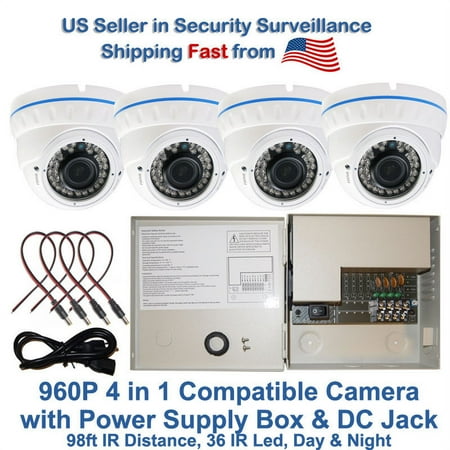 Evertech 4x 960P 4in1 Hybrid HD Day Night Vision CCTV Dome Security Camera and Power Supply w/ DC Jack