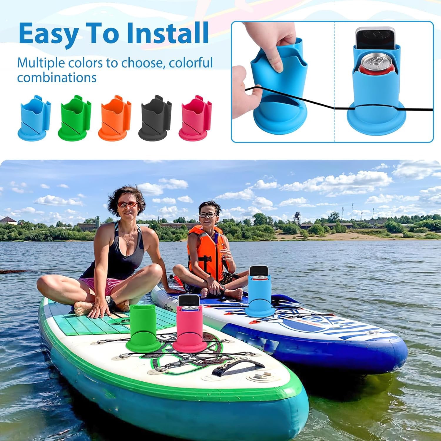 Paddleboard Cup Holder, 2PCS Paddle Board and Kayak Drink Holder, 2-in-1 Drink & Phone Holder, Paddleboard Accessory for Surfboards, Canoes, SUPs, Kayaks, Boats, Fishing, Surfing (Blue)