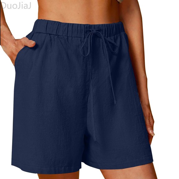 DuoJiaJ Women's Linen Shorts Solid Color Comfortable Wide Leg Leisure Shorts Five Eighths Pants Women Casual Pants Blue L