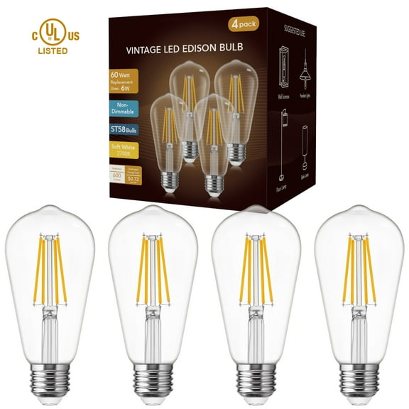 YANSUN ST58 Vintage LED Edison Bulb, 2700K, 60 Watt Equivalent, ST58 Filament, Tear Drop Antique Decorative Bulbs, E26 Base, UL Listed for Pendant, Chandeliers and Decorative Fixtures, 4 Pack