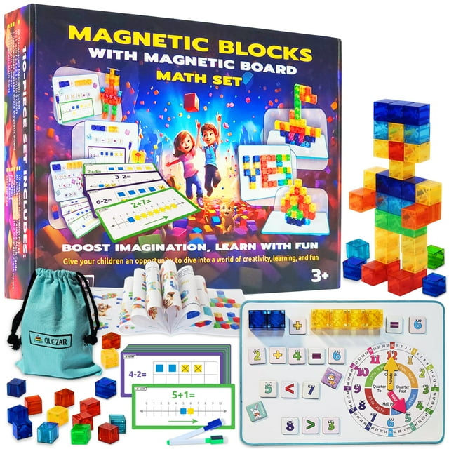 Juego de bloques magnéticos OLEZAR de 40 piezas con tablero y kit de matemáticas para niños de 4 a 8 años