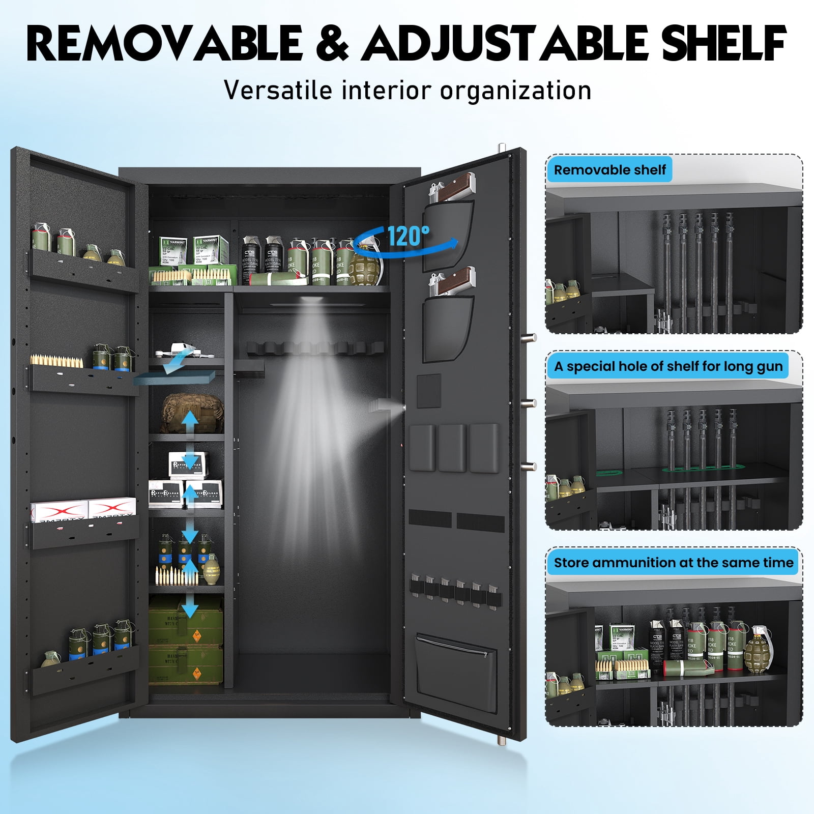 Home Large Gun Cabinet, Digital Backlit Keypad, 3 Opening Methods, Dual Alarm System, Removable Shelves and Led Lights, All-Steel Anti-Theft Design