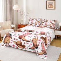 Manfei Cool Western Cowgirl Twin Sheet Sets,Boho Cowboy Boots Twin Fitted Sheet,Pink Flower Blossom Flat Sheet For Girls Kids,Super Cozy Room Decor,3-Piece