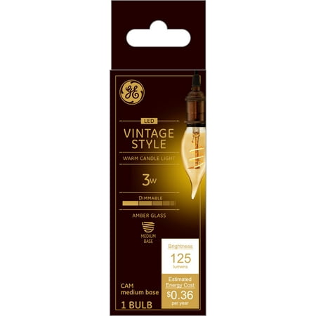 GE Vintage Decorative Bent Tip 3-Watt LED Light Bulb (25W Equivalent), Dimmable with Amber Finish and Spiral Filament, Medium Base, Single Bulb