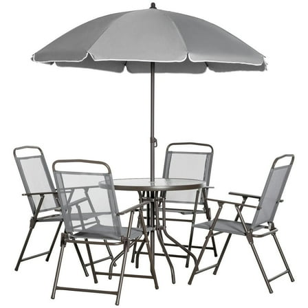 Yardi Yarda 6 Pcs Patio Dining Set for 4 with Umbrella, with 4 Folding Dining Chairs & Round Glass Table for Outdoor as Garden Patio, Gray