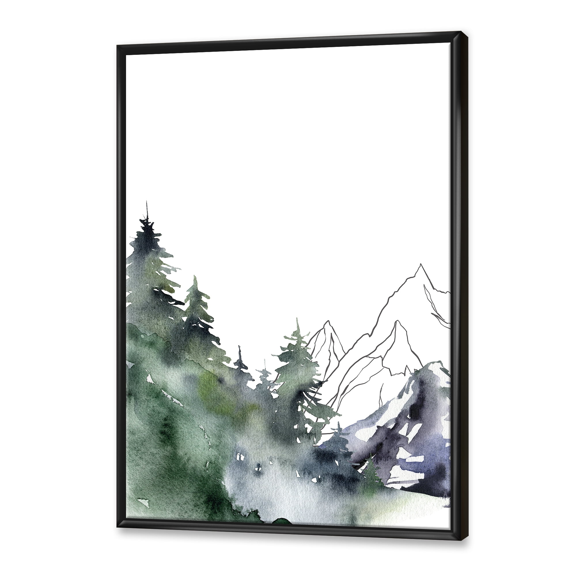 Designart 'Trees With Winter Dark Blue Mountain Landscape III' Modern Framed Canvas Wall Art Print