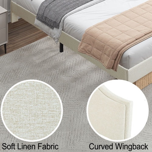 Queen Size Upholstered Platform Bed with Adjustable Headboard, Beige Linen Fabric, Modern Simple Style, No Box Spring Needed, Easy Assembly