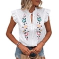 thumbnail image 5 of Tnhcen Women's Tie-Front Blouse, Floral Embroidered Short Sleeve Shirt, Summer Loose Fit Top with Ruffle Sleeves, Casual Satin Matte Shirt for Women S-2XL, 5 of 8