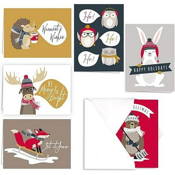 Woodland Animals Holiday Cards / 36 Cards And White Envelopes Pack / 6 Winter Creature Designs / Cheerful Seasonal Verses Inside / Christmas Greeting Card Set