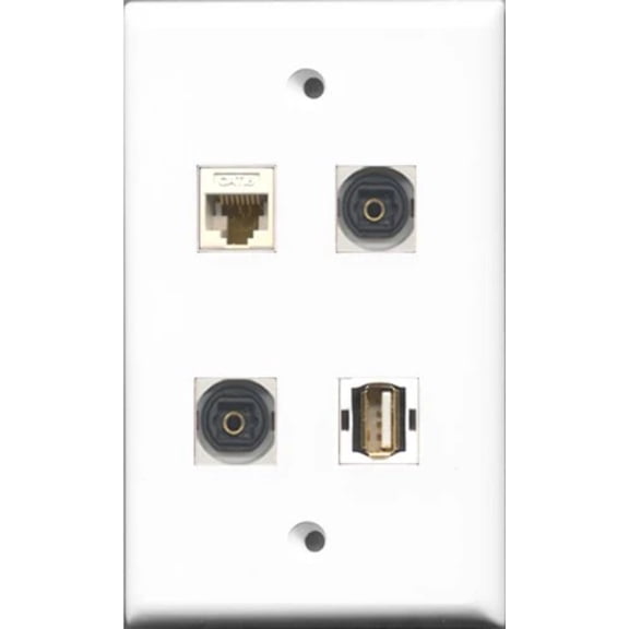 RiteAV 1 Port USB A-A 2 Port Toslink and 1 Port Cat6 Ethernet White Wall Plate