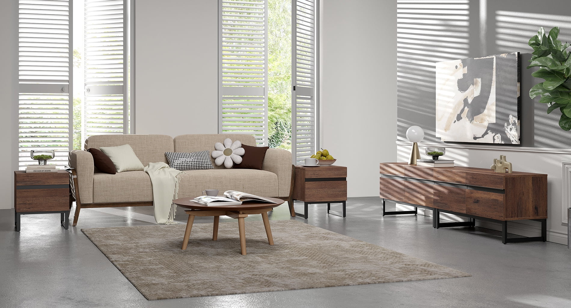 Modern 3-Piece Living Room Set, 71 Inch TV Stand And 2 End Table Sets With 2 Drawers, Media Console with Storage Shelves, Sturdy Wood Frame & Metal Legs, Contemporary Furniture for Living Room,Brown