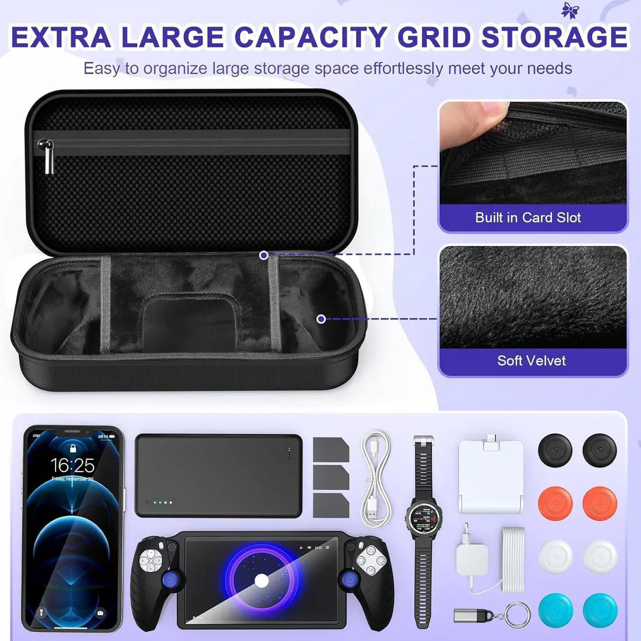 Accessories Kit for PlayStation Portal, Carrying Case Bundle and Magnetic Portable Charger for PS5 Portal with Protective Case, 2 Screen Protectors, 8 Thumb Grips