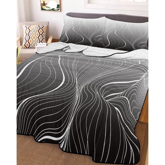 Black Geometric Full Size Down Alternative Comforter,Lightweight Comforter Quilt Bedding Set with Pillow Shams Modern White Stripe Abstract Distortion Art Bed Comforter Duvet Insert 78"x90"