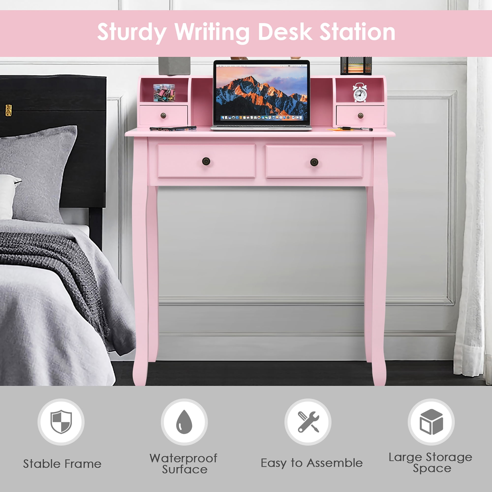 Costway Writing Desk Makeup Vanity Table Home Office Computer Desk 4 Drawer Pink
