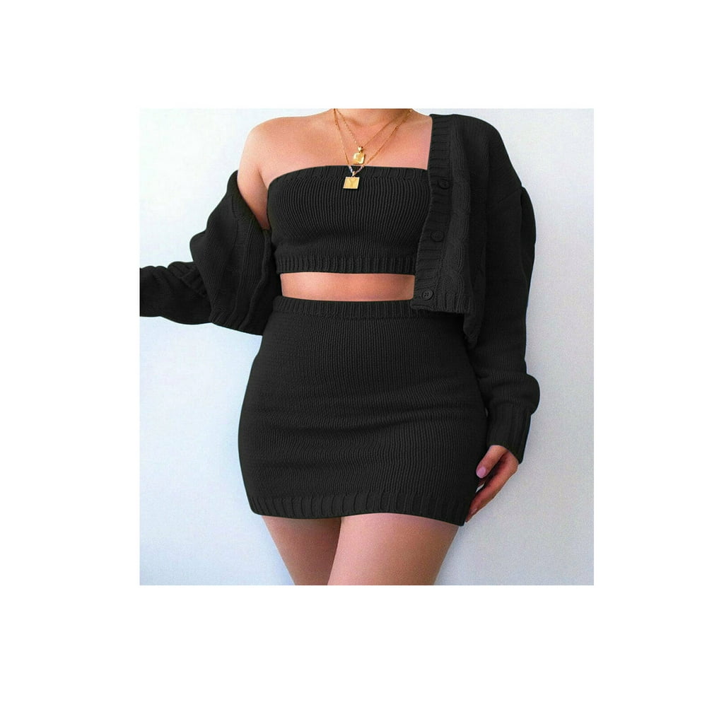 Luethbiezx - Women's Knitted Tube Tops Coat Skirt Outfits Two Piece ...