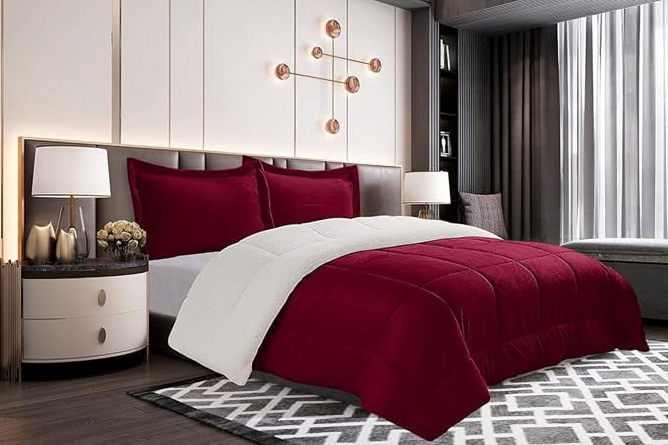 Elegant Comfort Ultra Plush 3-Piece Sherpa Comforter Set, Solid-Color and a Fluffy Sherpa Reverse, All Season Suitable, Heavy Weight, Micro-Suede, Sherpa Comforter, King, Burgundy